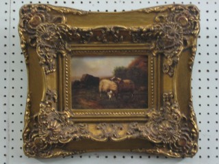 A Victorian style oil painting on board "Study of Two Rams" contained in a gilt frame 5" x 6"