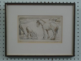 A seascape etching with man on a horse with dog recovering timber from shore line 4 1/2" x 8"
