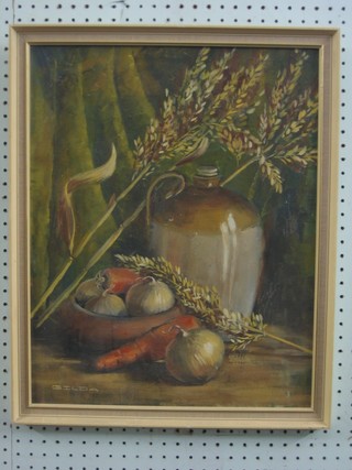 Gilda Dickenson, still life study "Flagon with Onions and Carrots" 19" x 15 1/2"