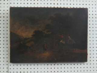 An  18th Century oil on canvas "Landscape with Figures Walking and Cattle" 12" x 17"