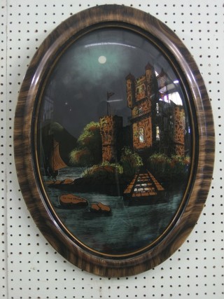 An oval painting on convex glass "On The Danube" 19"