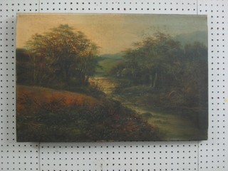 W Richards, Victorian oil on canvas "River with Cottage" 16" x 24" (hole)