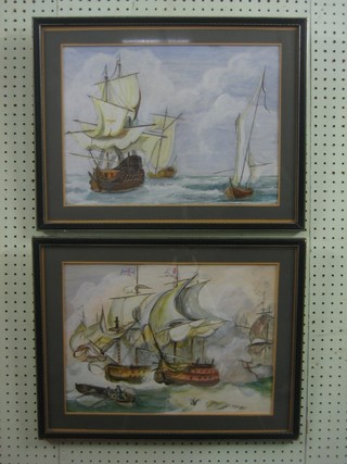 A pair of oils on card "Two Masted Ships and Naval Engagement" 12" x 16"