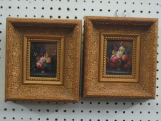A pair of Continental oil paintings on board, still life studies "Vases of Flowers" 3" x 2 1/2"