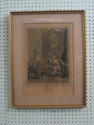 An 18th/19th Century French coloured print "L'Heureux Moment" 11" x 8 1/2"