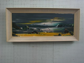 George R Deakins, oil on board "Impressionist Sea Scape" 11" x 31"