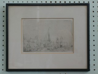 An etching "Figures by Fishing Boats" 5" x 8"