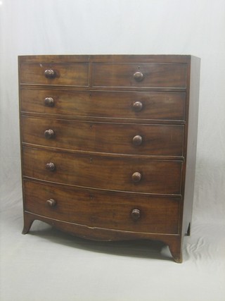 A 19th Century mahogany bow front chest of 2 short and 4 long graduated drawers, raised on splayed bracket feet 44"