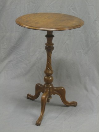 A Victorian bleached walnut wine table, raised on pillar and tripod supports 19"