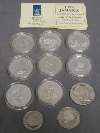 8 Commonwealth silver proof crowns together with a Fiji crown, a Cook Island 2 dollar piece and a Barbados 1 dollar piece