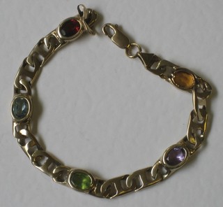 A modern 9ct gold flat link bracelet set amethysts, topaz, garnets