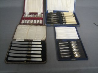 A set of 6 silver plated fish knives and forks, a set of 6 silver plated tea knives with mother of pearl handles, a set of 6 silver plated pastry forks and a set of 6 silver plated teaspoons, all cased