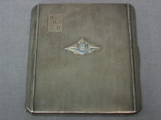 A lady's silver and enamelled cigarette case with engine turned decoration and with RAF badge Birmingham 1938, 3 ozs