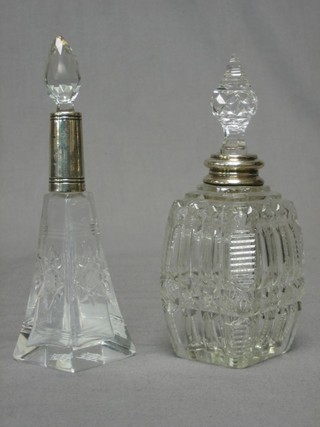 A square cut glass scent bottle with silver collar and 1 other