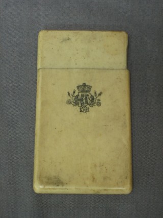 A Victorian ivory card case with monogram and crown cypher ERD XX (top damaged) 3 1/2"