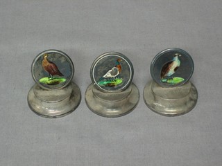 3 Edwardian silver place name holders, decorated enamel game birds, Birmingham 1908 (pheasant enamel damaged)