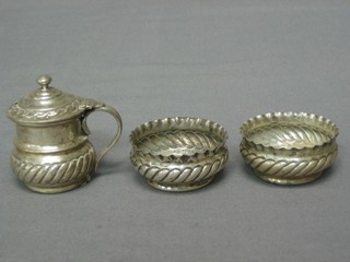 A Victorian  embossed silver 3 piece condiment set with mustard and 2 salts, Sheffield 1890, 3ozs
