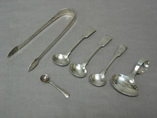 A pair of Georgian silver sugar tongs, 3 William IV mustard spoons, a childs spoon and  a condiment spoon 3 ozs