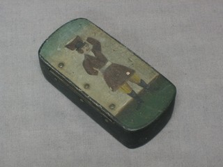 A 19th Century Continental painted snuff box, the lid painted a figure of a gentleman 4"