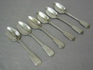 3 George III silver fiddle pattern table spoons London 1806, A pair of William IV fiddle pattern table spoons London 1834 and 1 other  table spoon 1827 (6) 13 ozs