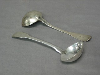 A matched pair of George III silver fiddle pattern sauce ladles, London 1817 and 1818 4ozs