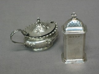 A silver pepperette Birmingham 1936 and an embossed silver mustard 2 ozs