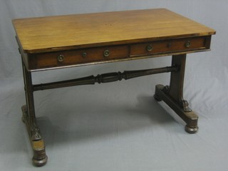 A Victorian mahogany writing table fitted a drawer, raised on standard end supports with H framed stretcher 42"