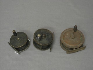 3 various brass centre pin fishing reels 3", 2 1/2" and 2 1/2"