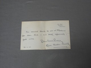 A compliment slip from Paxhill, Bentley, Hampshire, signed by Baden Powell - Our warmest thanks to all at Foxlease for their kind and deeply appreciated good wishes, Robert Baden Powell and Olave Baiden Powell 22-2-23  