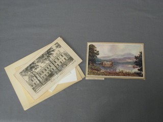 A 1946 and 1954 Christmas card from Lord and Lady Harewood, 5 MR Cypher book plates  and an etching of Marlborough House, a small coloured print "Loch An Eilean"