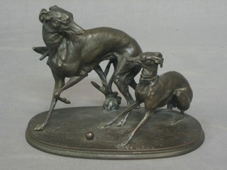 After P J Mene, a bronze figure of 2 greyhounds 9", raised on an oval base