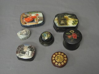 An Oriental Feng Shui compass cased, a cylindrical lacquered jar with hinged lid and 5 various Russian lacquered boxes with hinged lids