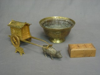 An Eastern metal model of a bullock cart, a bronze bowl 8" and a small trinket box