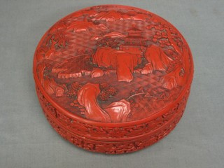 A circular red lacquer ware jar and cover 7"