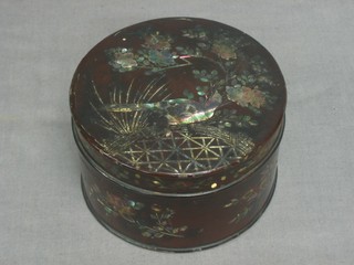 A Victorian Japanned cylindrical box with hinged lid 5"