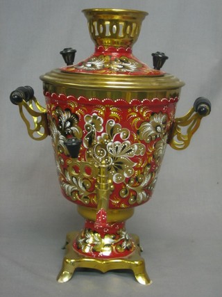 A 20th Century Russian gilt metal and red enamelled Samovar 14"