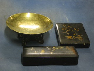 A rectangular Eastern lacquered glove box 10", 1 other Eastern box 7", a circular brass bowl