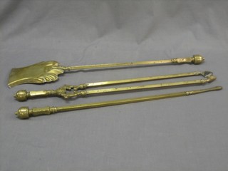 A 19th Century brass 3 piece fireside companion set comprising shovel, poker and tongs