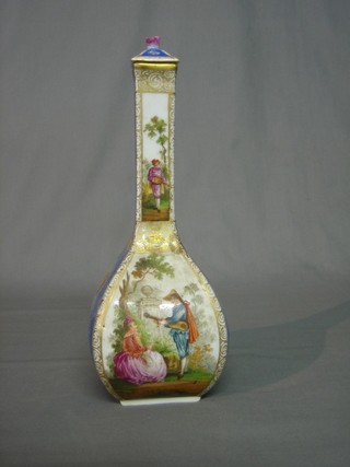A Dresden club shaped vase with panel decoration depicting romantic scenes, the base with RK cypher and Dresden mark 13" (lid f)