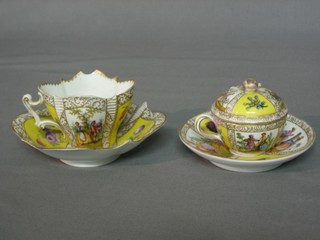 A Dresden cabinet cup and saucer with panel decoration depicting romantic scenes (chip to base) together with a Dresden lidded cup and saucer