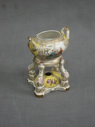 A Berlin porcelain oval twin handled urn on cabriole supports with triform base 5" (handle f and r)