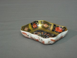 A Crown Derby rectangular pin tray with gold band, the base marked Derby 1128 (r) 3"
