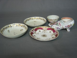 A Dresden style porcelain model shoe, 2 18th Century Derby tea saucers, 1 other and 2 tea bowls
