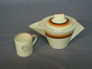 A circular Clarice Cliff Bizarre teapot, base marked Clarice Cliff Bizarre 3" together with a Susie Cooper coffee can