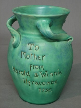 A green glazed Brenham vase inscribed to Mum from Harold and Winnie Ilfracombe 1935 8"