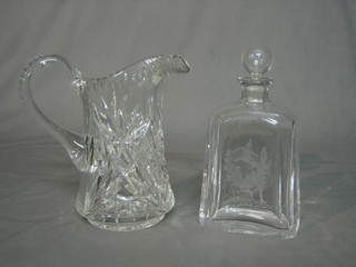 An etched glass decanter and stopper decorated Romeo and Juliet, the base signed and a cut glass jug 8"