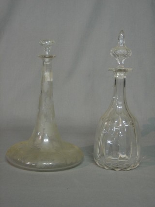 A handsome etched glass ships decanter, 1 other decanter, 3 etched glass champagne flutes and 5 liqueur glasses