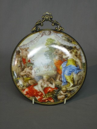 A reproduction Sevres style plaque decorated a classical scene with gilt mount 7"