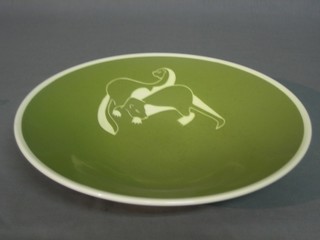 A circular green glazed Royal Lancastrian pottery bowl decorated 2 beavers, the reverse impressed EB 11"