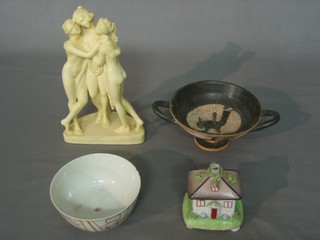 A Staffordshire style figure of a cottage 2", a Greek style twin handled urn, an Eastern teabowl etc